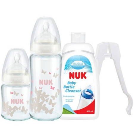 NUK 宽口玻璃奶瓶120ml+240ml宽口奶瓶 +450ml奶瓶清洁液+奶瓶夹套装 Prime会员123元包邮（天猫单个奶瓶售价110元） 买手党-买手聚集的地方