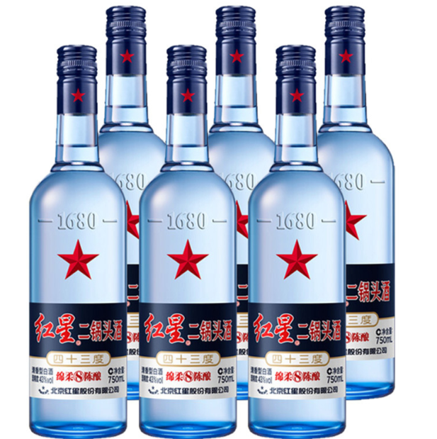 红星二锅头 蓝瓶 8年陈酿 43度 750mlx6瓶 169元（京东238元） 买手党-买手聚集的地方