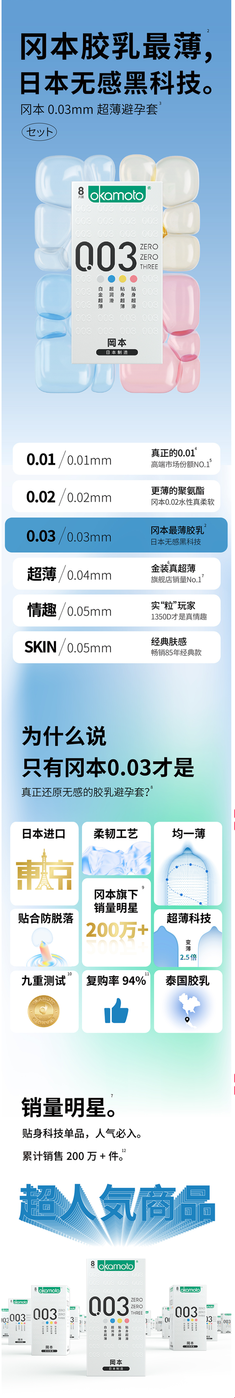 冈本旗下最薄，日本进口：9片 冈本 最热销Skin肤感系列 超薄003安全套 39.9元包邮 买手党-买手聚集的地方