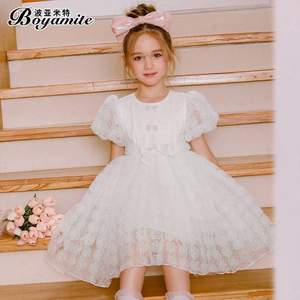 波亚米特 2023新款女童白色礼服泡泡袖花朵纱裙（110~150码）
